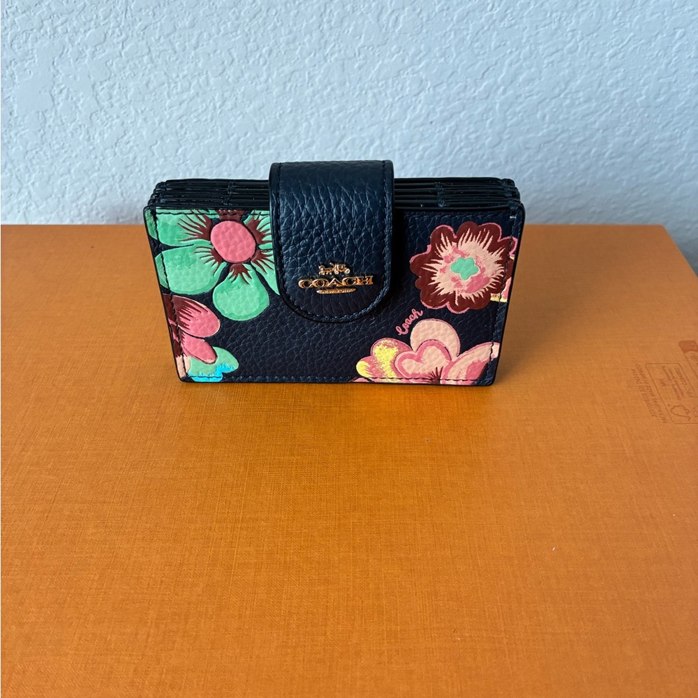 Coach Floral Accordion Card Holder Wallet Black Leather Multi Card Case